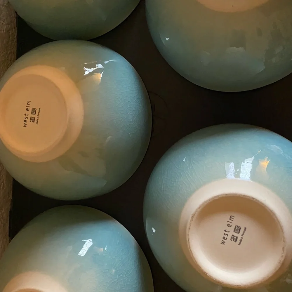 5 West Elm Light Blue Organic Alta Reactive Crackle Finish Soup Cereal Bowls